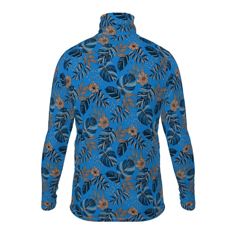 Men’s High-Roll Turtleneck — Midnight Monstera Azure Blue