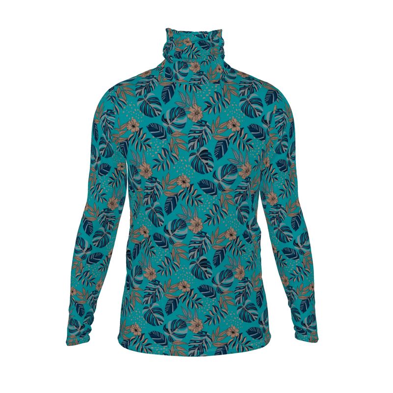 Men’s High-Roll Turtleneck — Midnight Monstera Cyan Noir