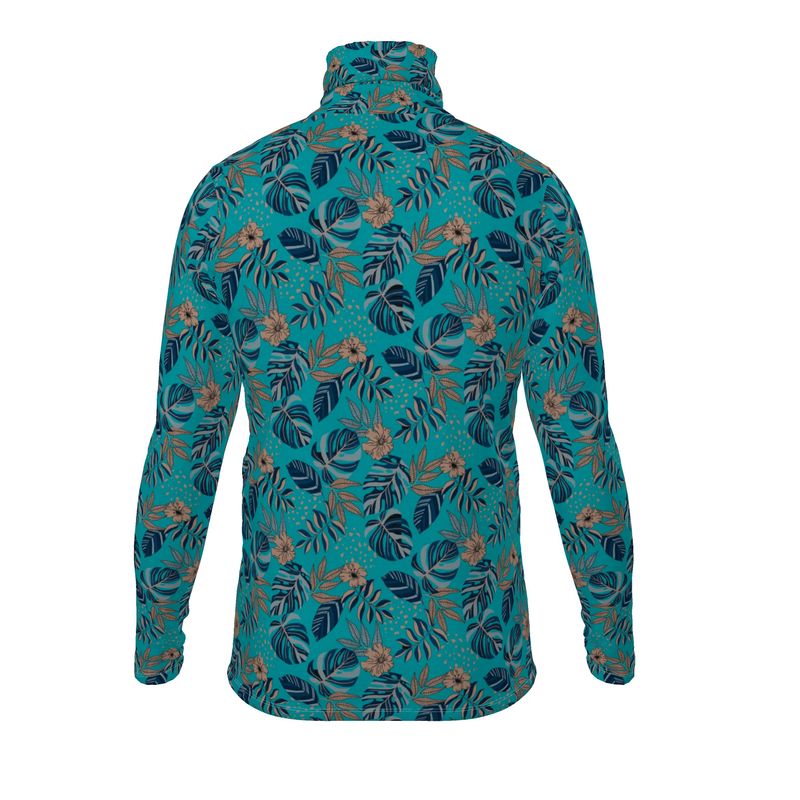 Men’s High-Roll Turtleneck — Midnight Monstera Cyan Noir