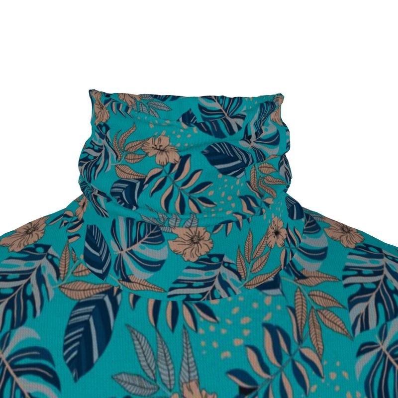 Men’s High-Roll Turtleneck — Midnight Monstera Cyan Noir