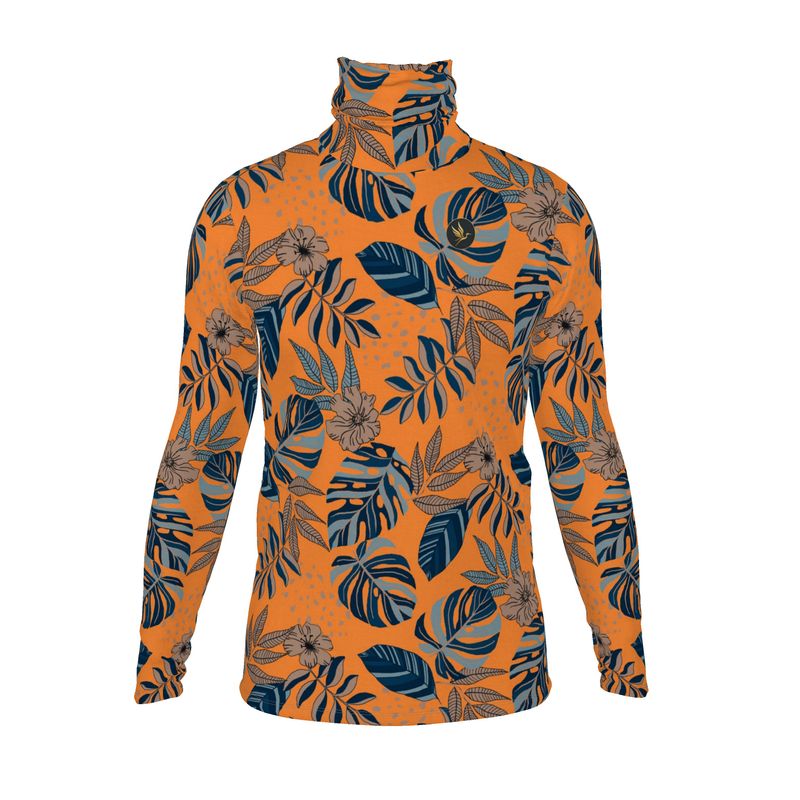 Men’s High-Roll Turtleneck — Midnight Monstera Cadmium Orange