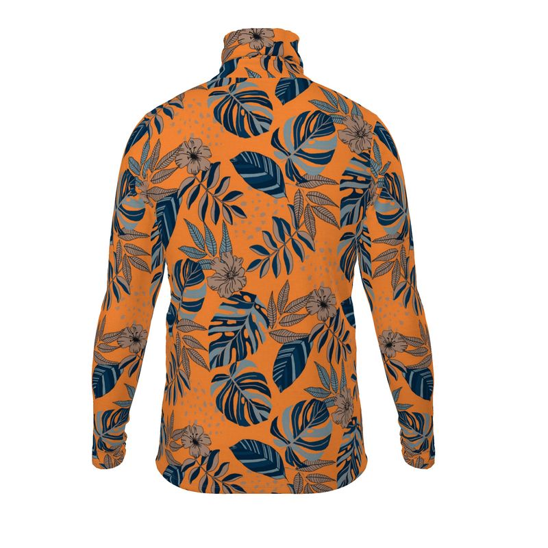 Men’s High-Roll Turtleneck — Midnight Monstera Cadmium Orange