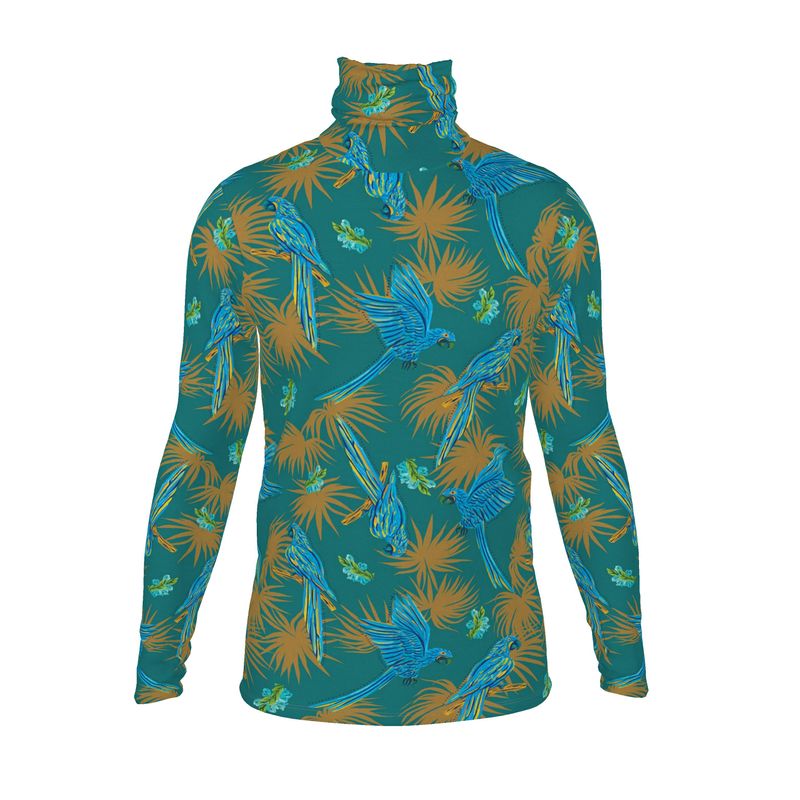 Men’s High-Roll Turtleneck — Tropical Macaw Palm Teal