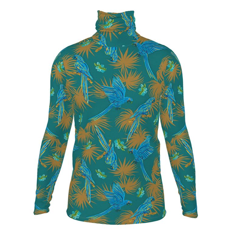 Men’s High-Roll Turtleneck — Tropical Macaw Palm Teal