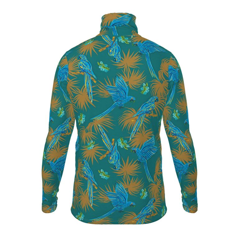 Men’s High-Roll Turtleneck — Tropical Macaw Palm Teal