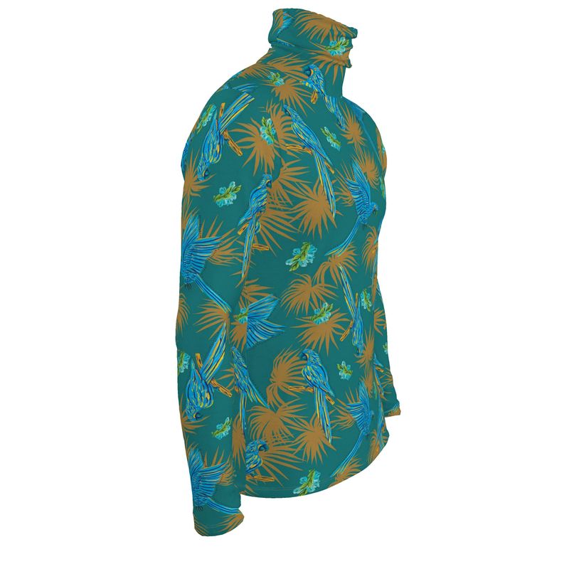 Men’s High-Roll Turtleneck — Tropical Macaw Palm Teal