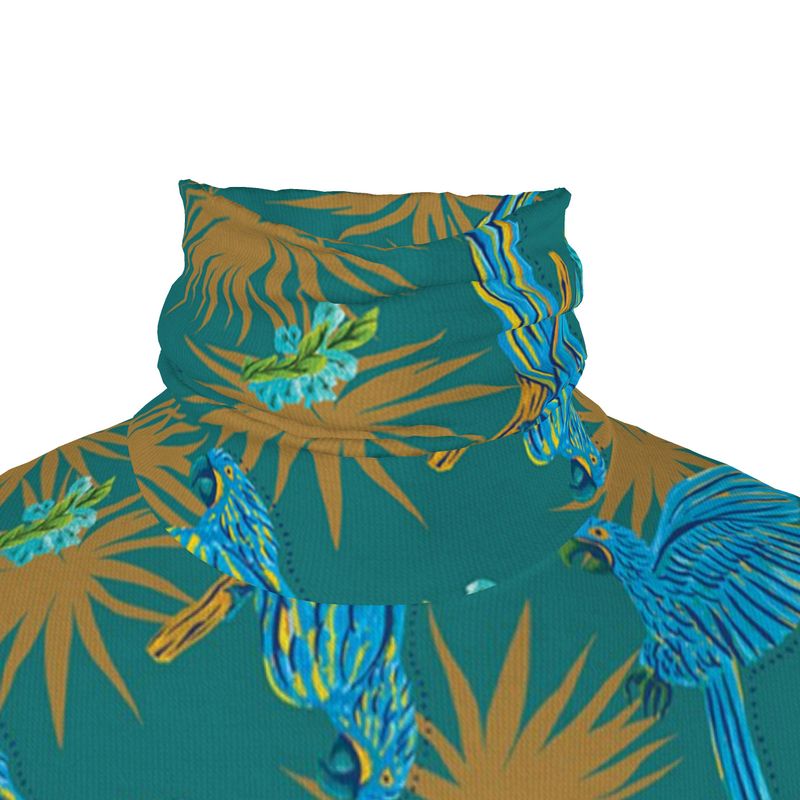 Men’s High-Roll Turtleneck — Tropical Macaw Palm Teal