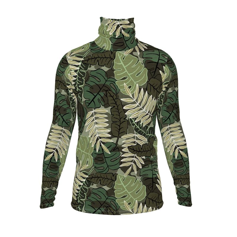 Men’s High-Roll Turtleneck — Camo Leaves