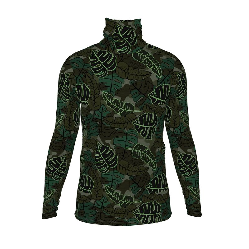 Men’s High-Roll Turtleneck — Camo Leaves Sage Noir