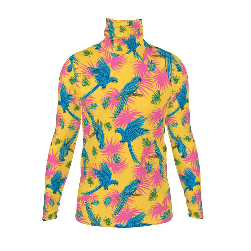 Men’s High-Roll Turtleneck — Tropical Macaw Sunny Fuchsia