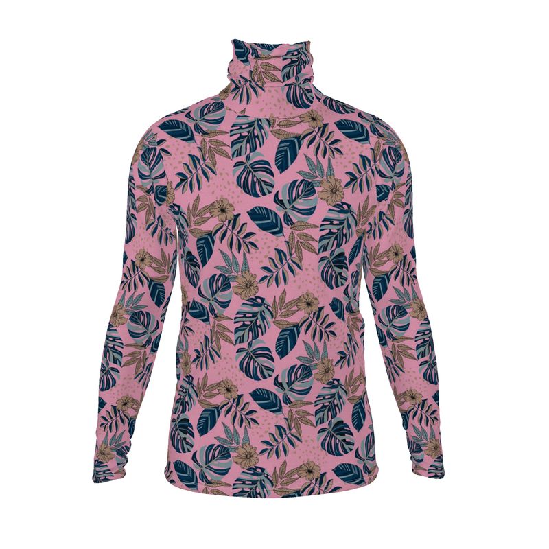 Men’s High-Roll Turtleneck — Midnight Monstera Lunaria Rose