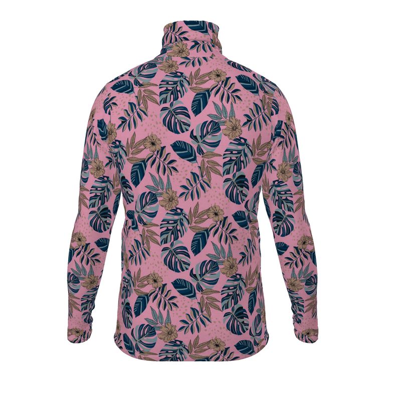 Men’s High-Roll Turtleneck — Midnight Monstera Lunaria Rose