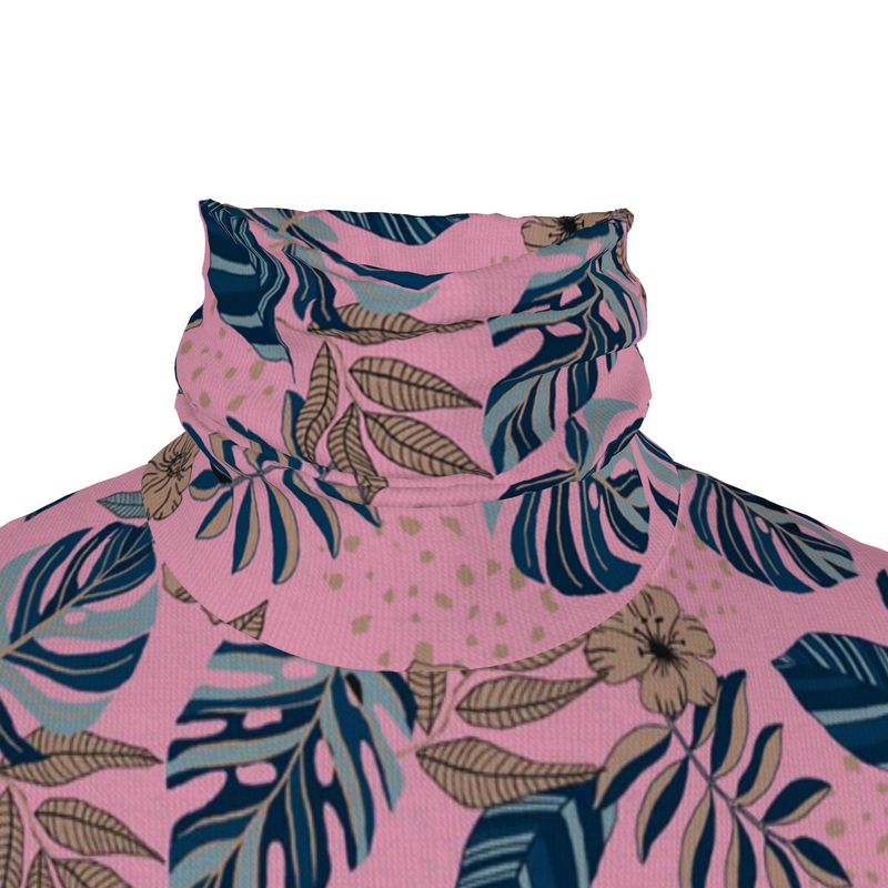 Men’s High-Roll Turtleneck — Midnight Monstera Lunaria Rose