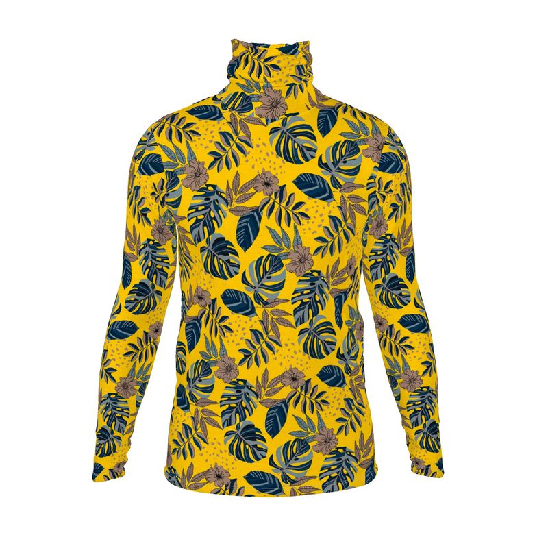 Men’s High-Roll Turtleneck — Midnight Monstera Honey Gold