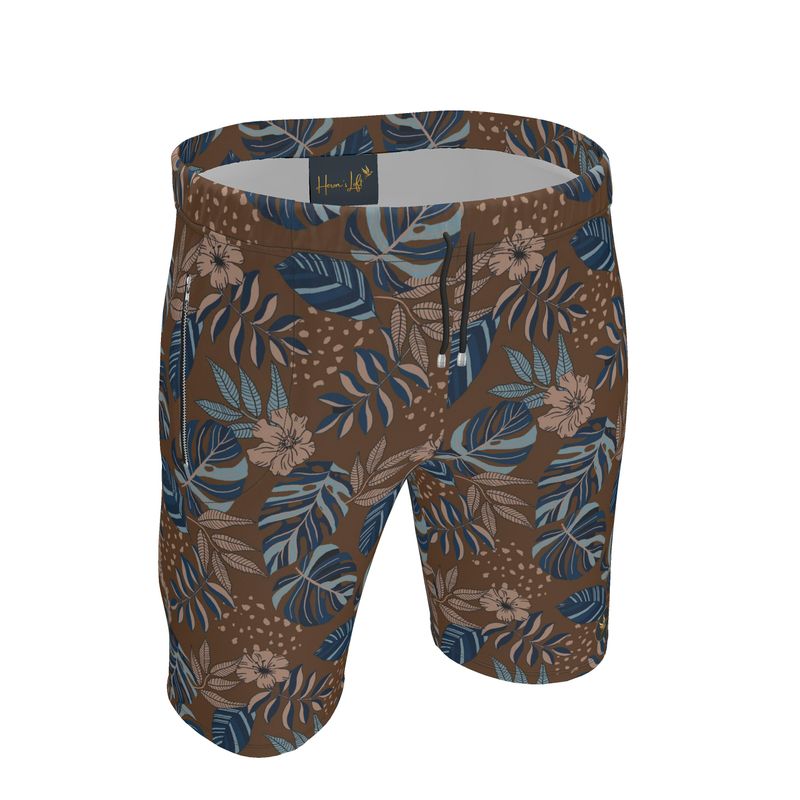 Men's Knee-Length Gym Shorts — Midnight Monstera Roasted Teak