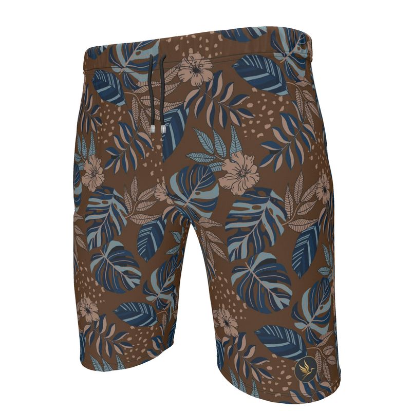 Men's Knee-Length Gym Shorts — Midnight Monstera Roasted Teak