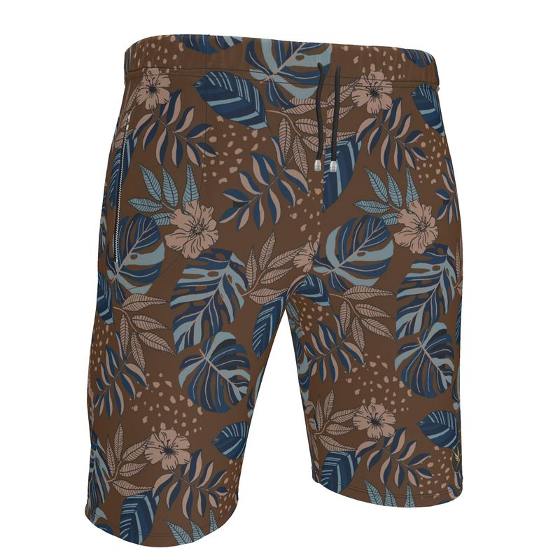 Men's Knee-Length Gym Shorts — Midnight Monstera Roasted Teak
