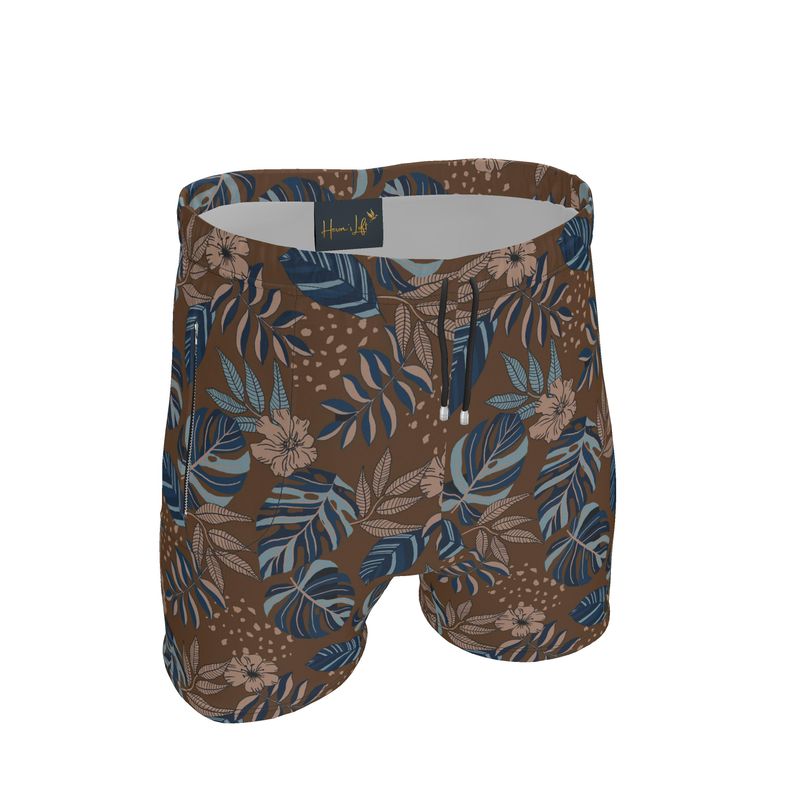 Men's Mid-Thigh Gym Shorts — Midnight Monstera Roasted Teak