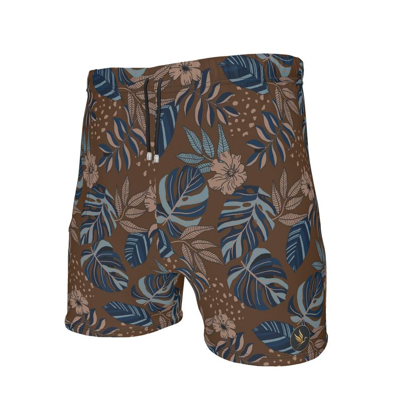 Men's Mid-Thigh Gym Shorts — Midnight Monstera Roasted Teak