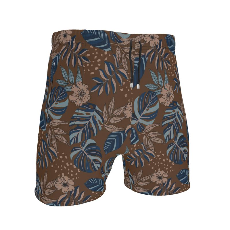 Men's Mid-Thigh Gym Shorts — Midnight Monstera Roasted Teak