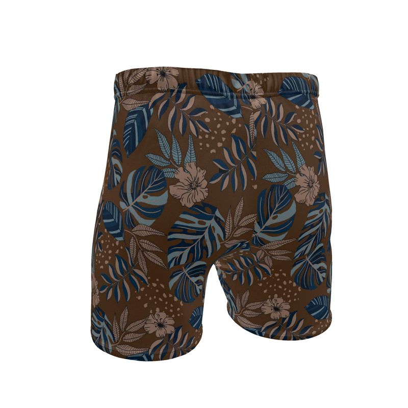 Men's Mid-Thigh Gym Shorts — Midnight Monstera Roasted Teak