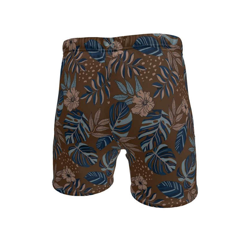 Men's Mid-Thigh Gym Shorts — Midnight Monstera Roasted Teak