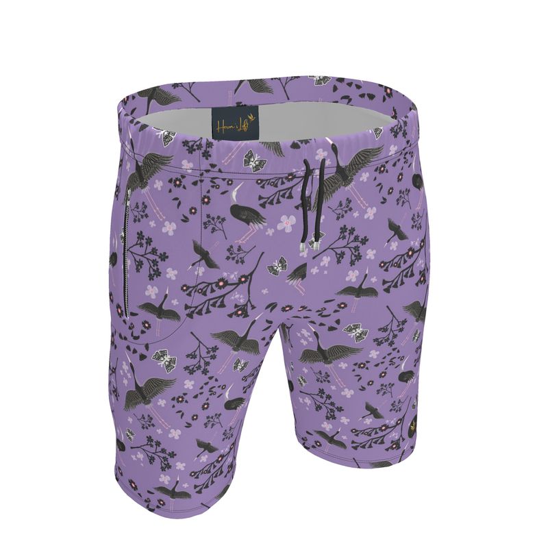 Men's Knee-High Gym Shorts — White Crane Amethyst