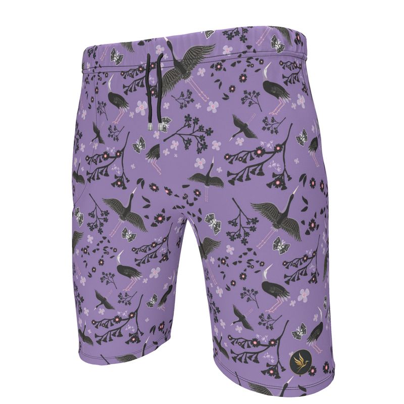 Men's Knee-High Gym Shorts — White Crane Amethyst