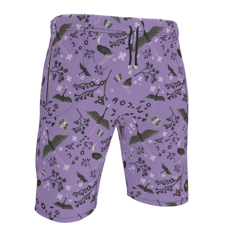 Men's Knee-High Gym Shorts — White Crane Amethyst