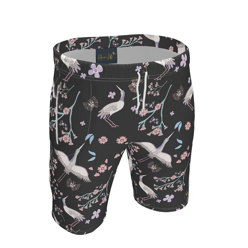 Men's Knee-Length Gym Shorts — White Crane Onyx
