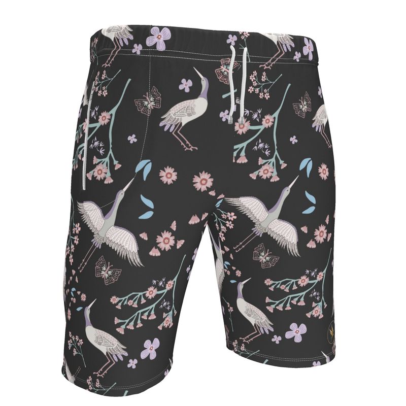 Men's Knee-Length Gym Shorts — White Crane Onyx