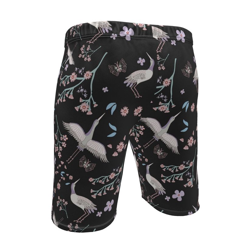Men's Knee-Length Gym Shorts — White Crane Onyx