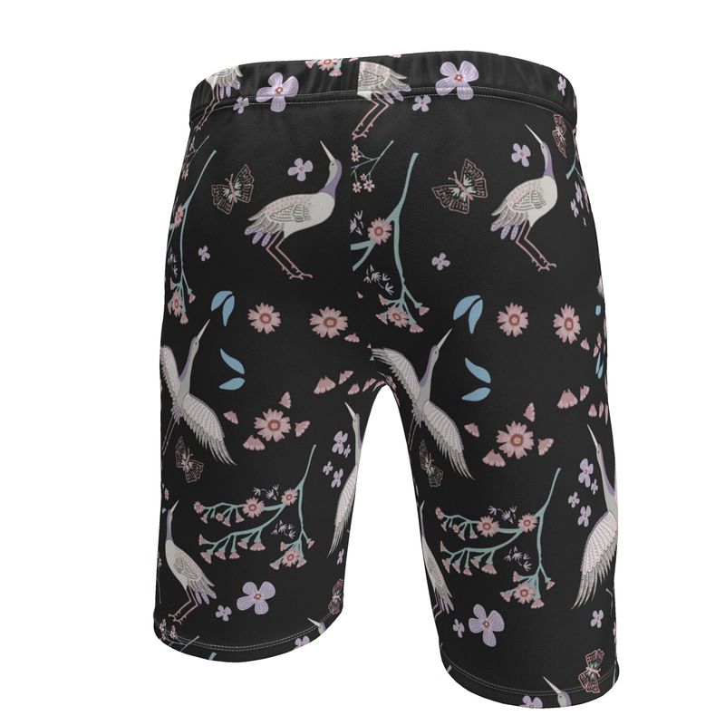 Men's Knee-Length Gym Shorts — White Crane Onyx