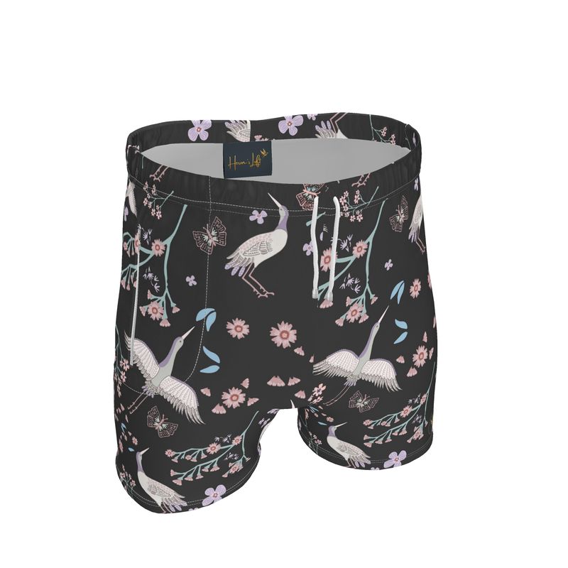 Men's Mid-Thigh Gym Shorts — White Crane Onyx