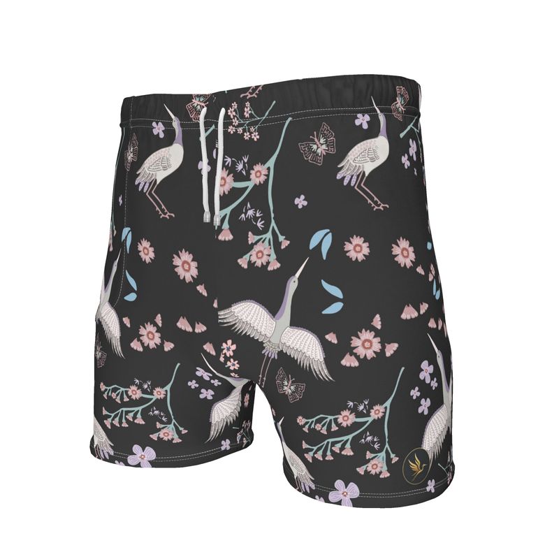 Men's Mid-Thigh Gym Shorts — White Crane Onyx