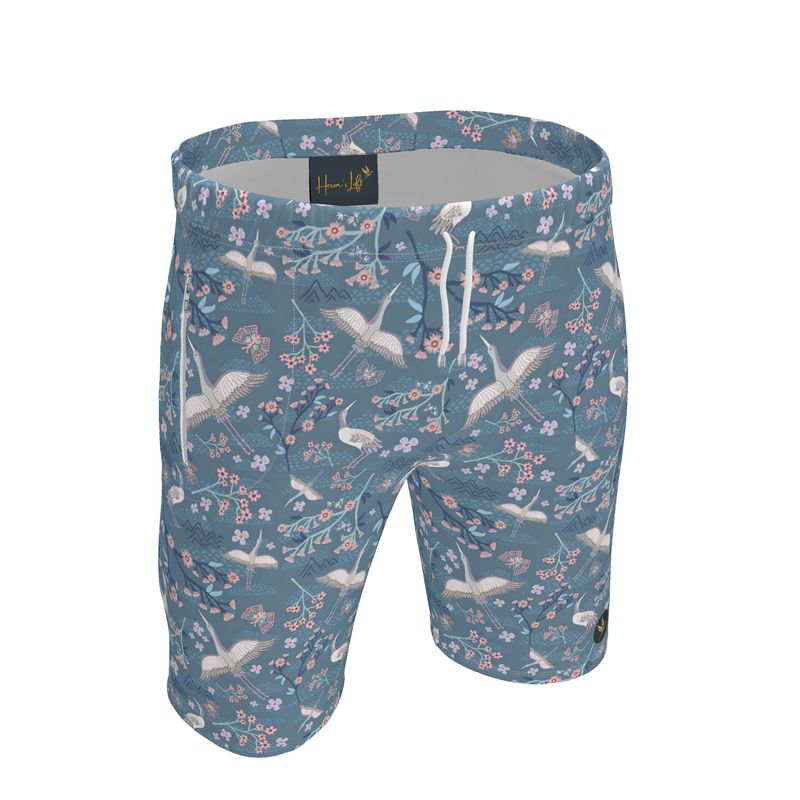 Men's Knee-Length Gym Shorts — White Crane