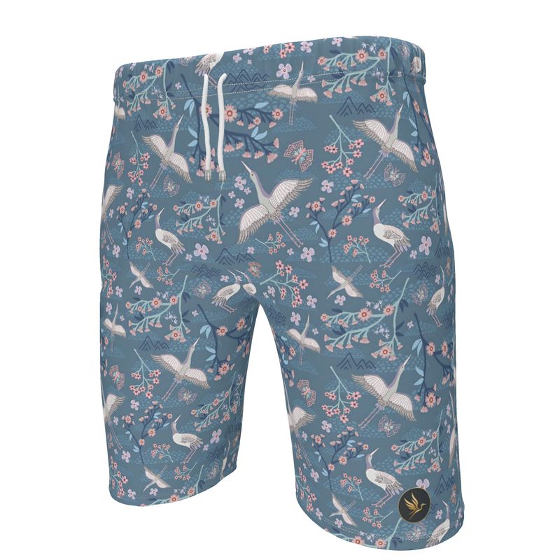 Men's Knee-Length Gym Shorts — White Crane