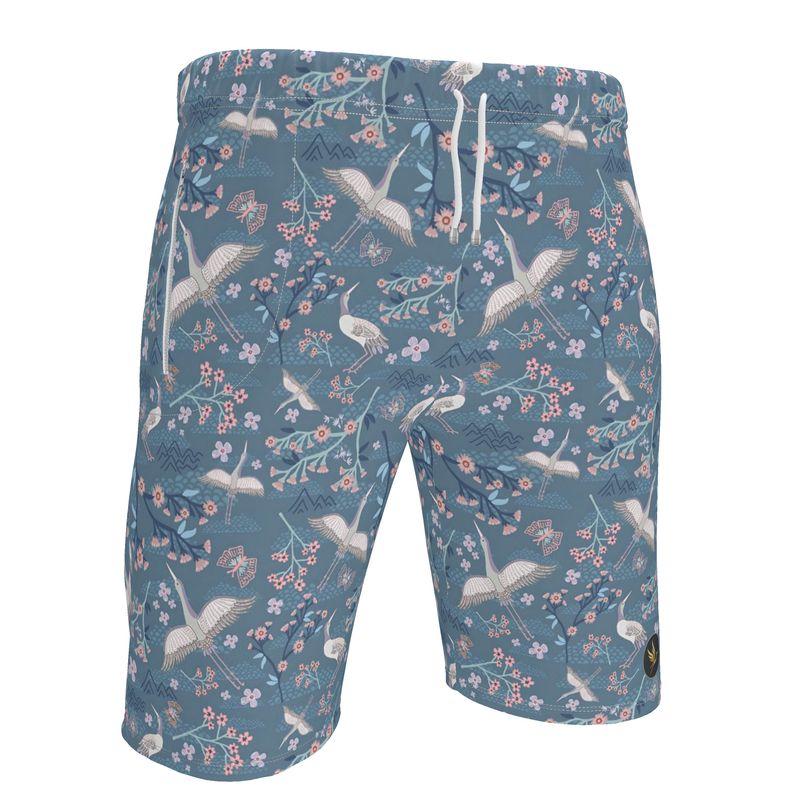 Men's Knee-Length Gym Shorts — White Crane