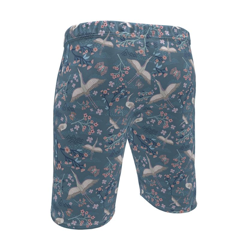 Men's Knee-Length Gym Shorts — White Crane
