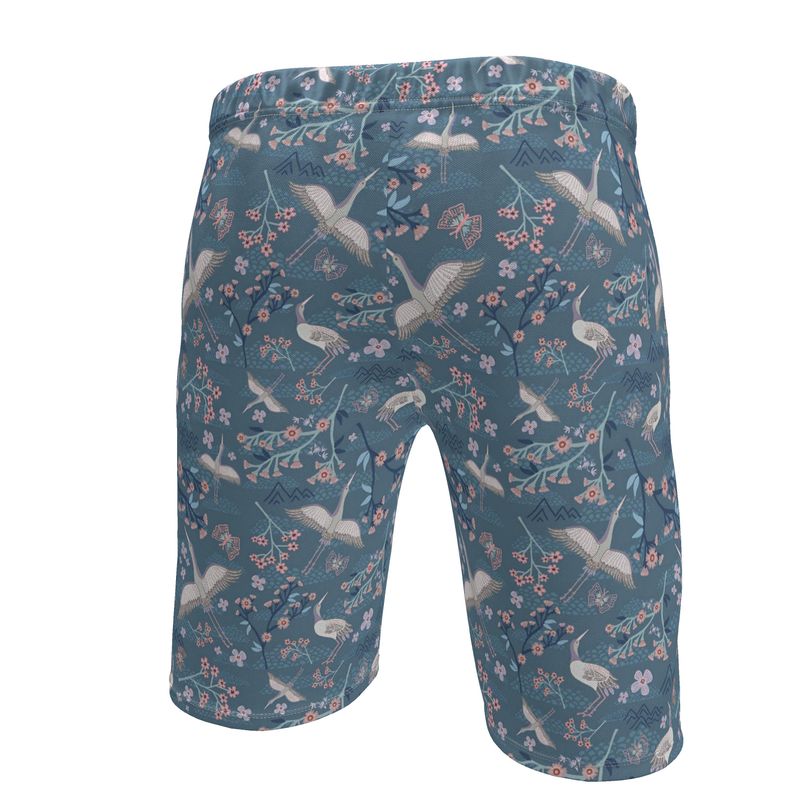 Men's Knee-Length Gym Shorts — White Crane