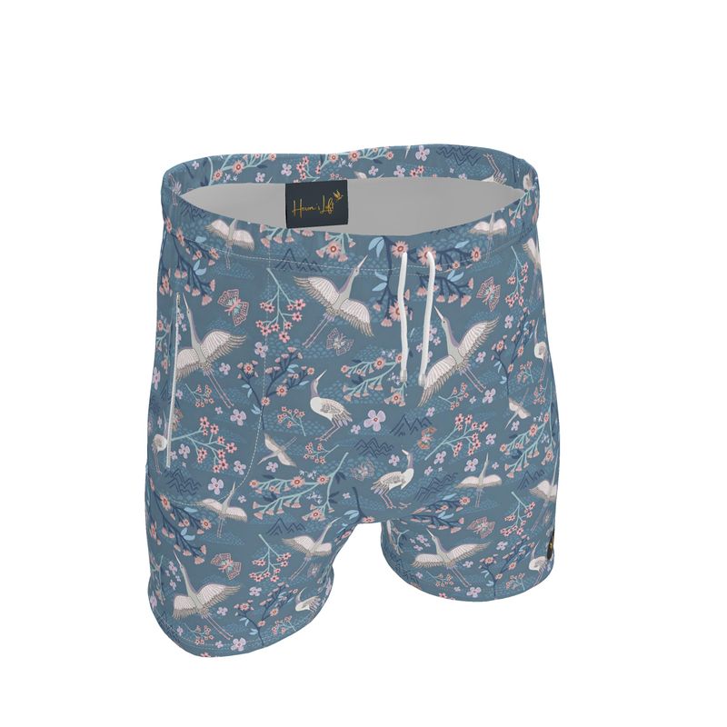 Men's Knee-Length Gym Shorts — White Crane