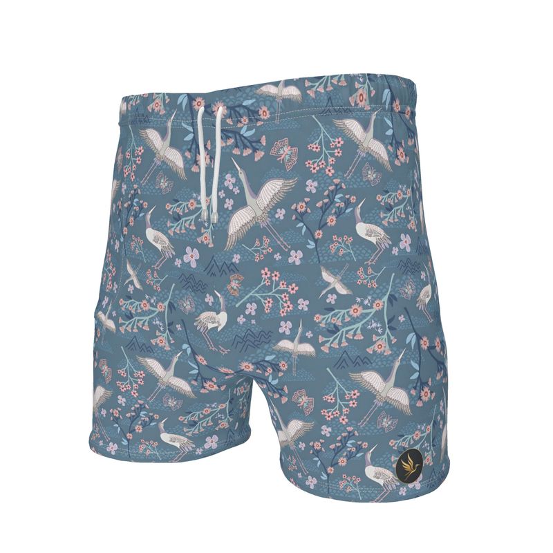 Men's Knee-Length Gym Shorts — White Crane
