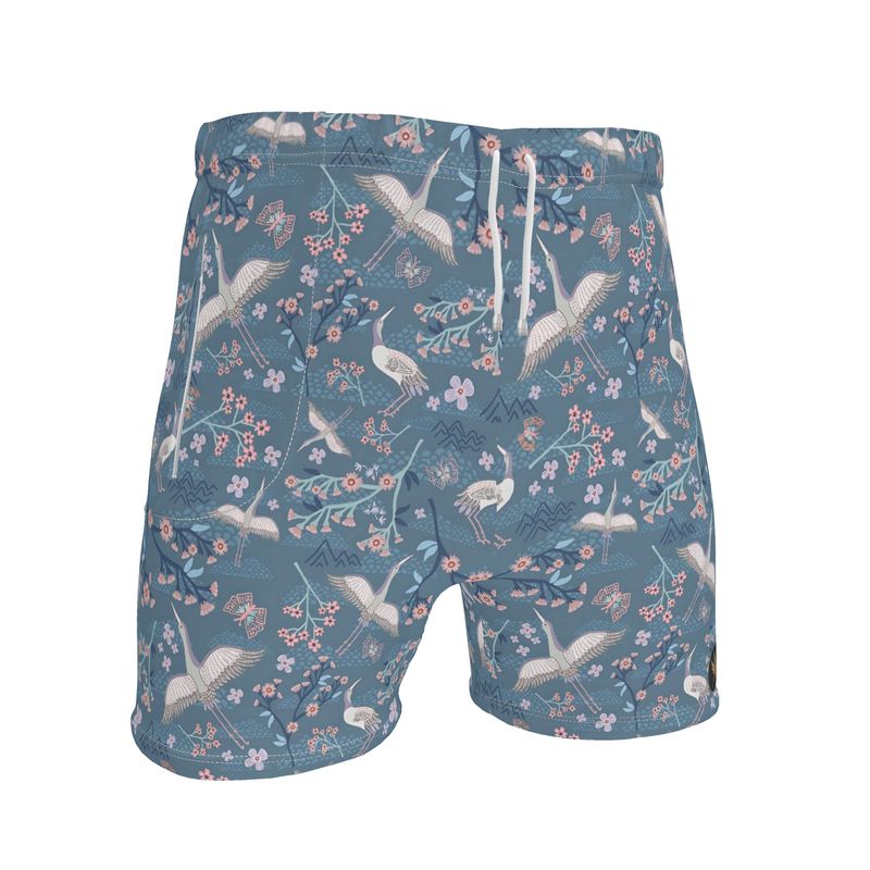 Men's Knee-Length Gym Shorts — White Crane