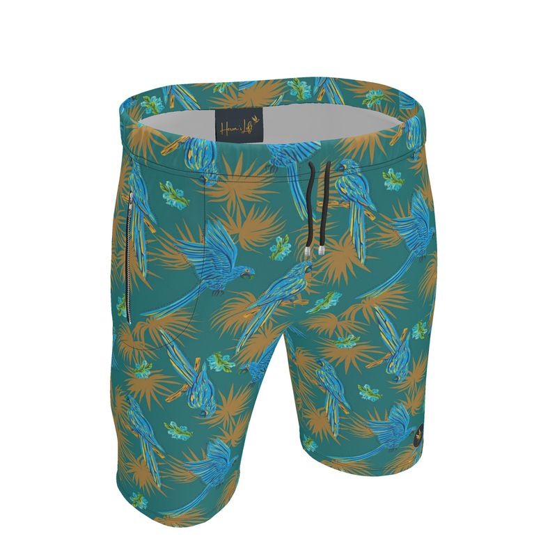 Men's Knee-Length Gym Shorts — Tropical Macaw Palm Teal
