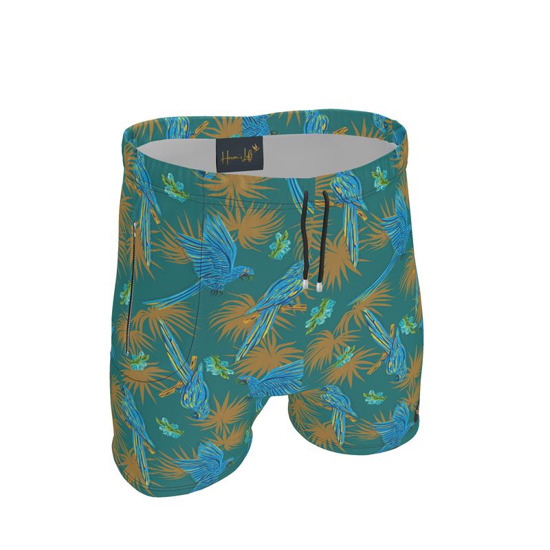 Men's Mid-Thigh Gym Shorts — Tropical Macaw Palm Teal