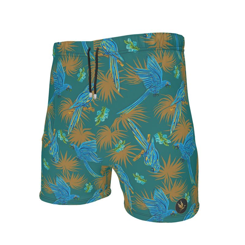 Men's Mid-Thigh Gym Shorts — Tropical Macaw Palm Teal