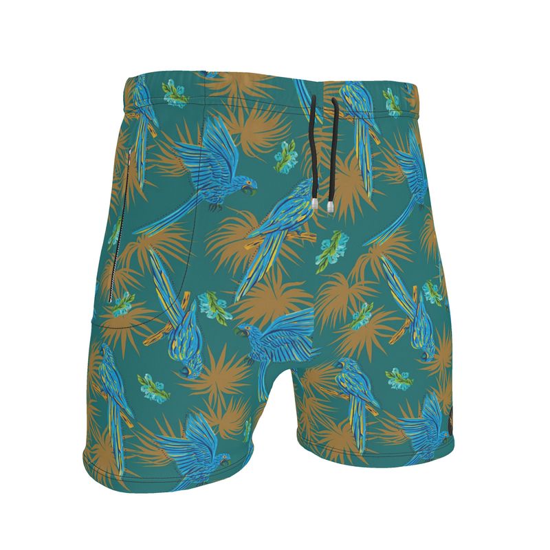 Men's Mid-Thigh Gym Shorts — Tropical Macaw Palm Teal