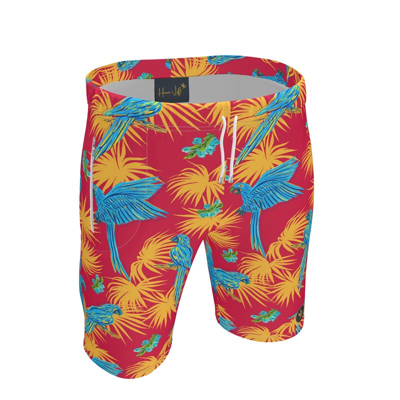 Men's Knee-Length Gym Shorts — Tropical Macaw Samba Red