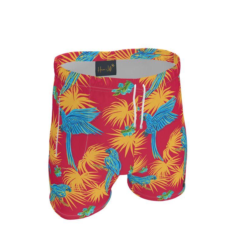 Men's Mid-Thigh Gym Shorts — Tropical Macaw Samba Red