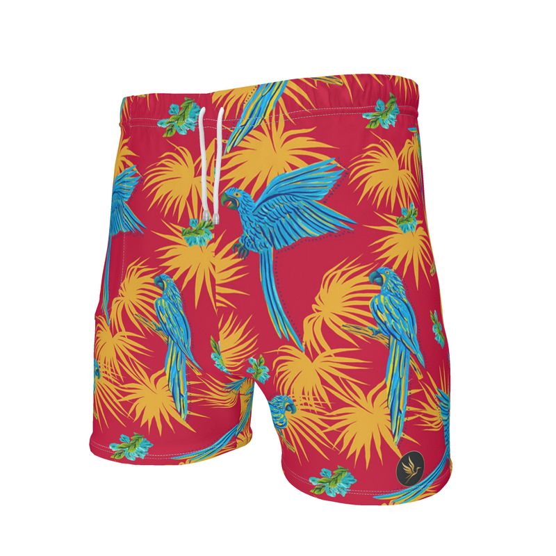 Men's Mid-Thigh Gym Shorts — Tropical Macaw Samba Red